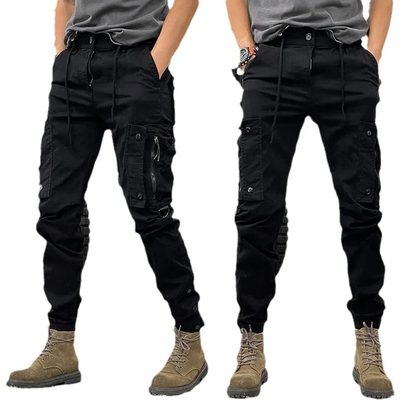 Men's fashionable multi pocket zipper design work pants, loose wide leg straight leg casual drawstring outdoor training pants