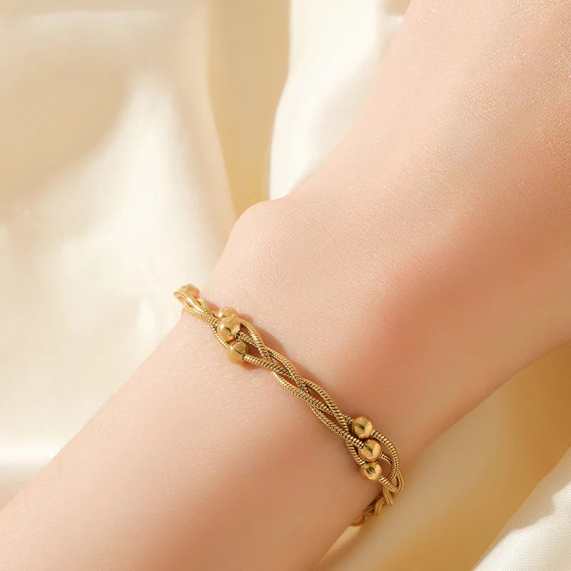 EILIECK 316L Stainless Steel Beads Wound Chain Bracelet for Women Charm Metal 18 K Plated Trendy Golden Unique Design Jewelry