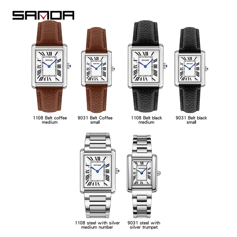 SANDA New Quartz Watch Roman Numeral Stainless Steel Leather Watchband Brief Lovers Watch 30M Waterproof Hot Men's Women's Watch