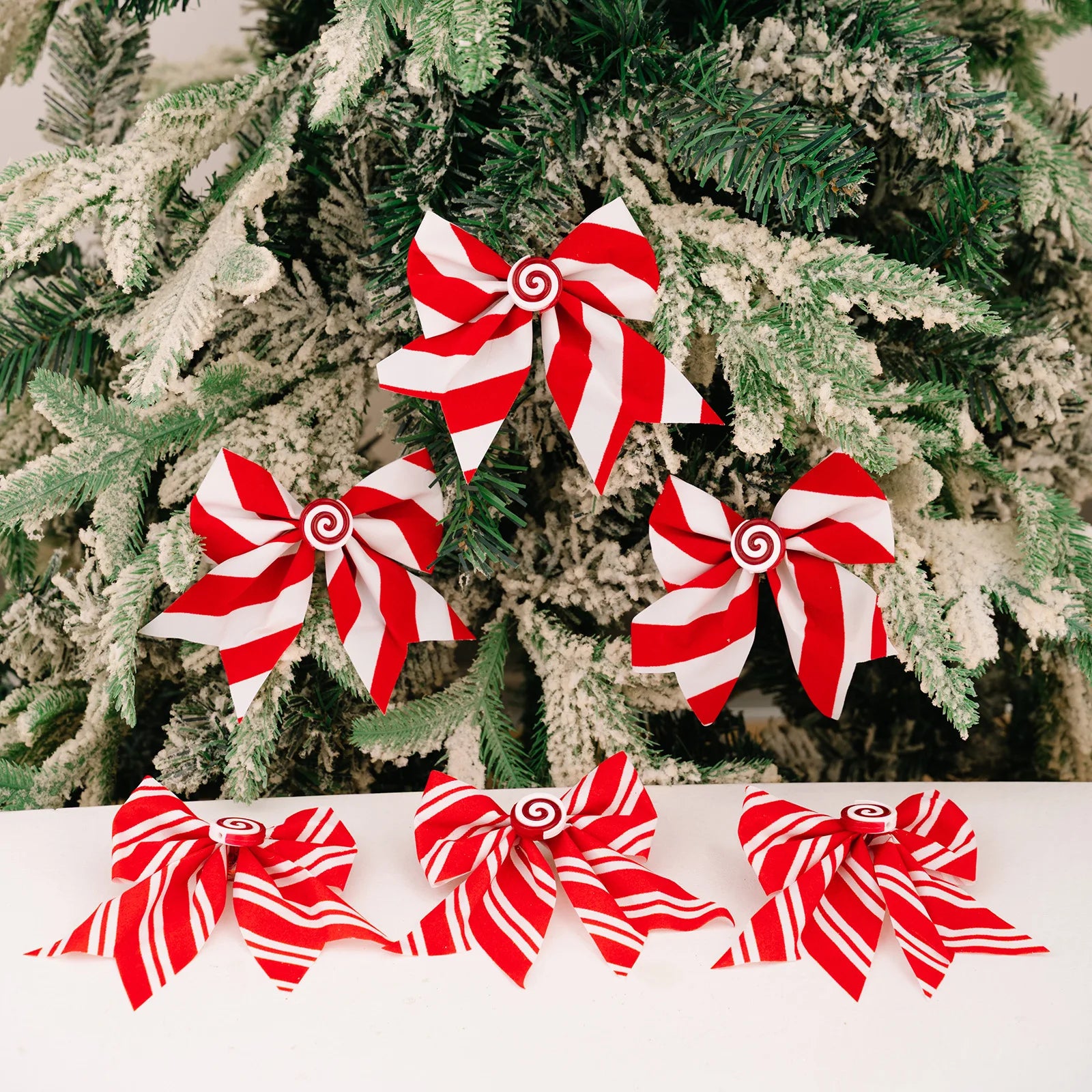 Three Christmas Bow Wreaths, Decorated with Red and White Striped Tree Top Bows, Christmas Party Home Decoration Items