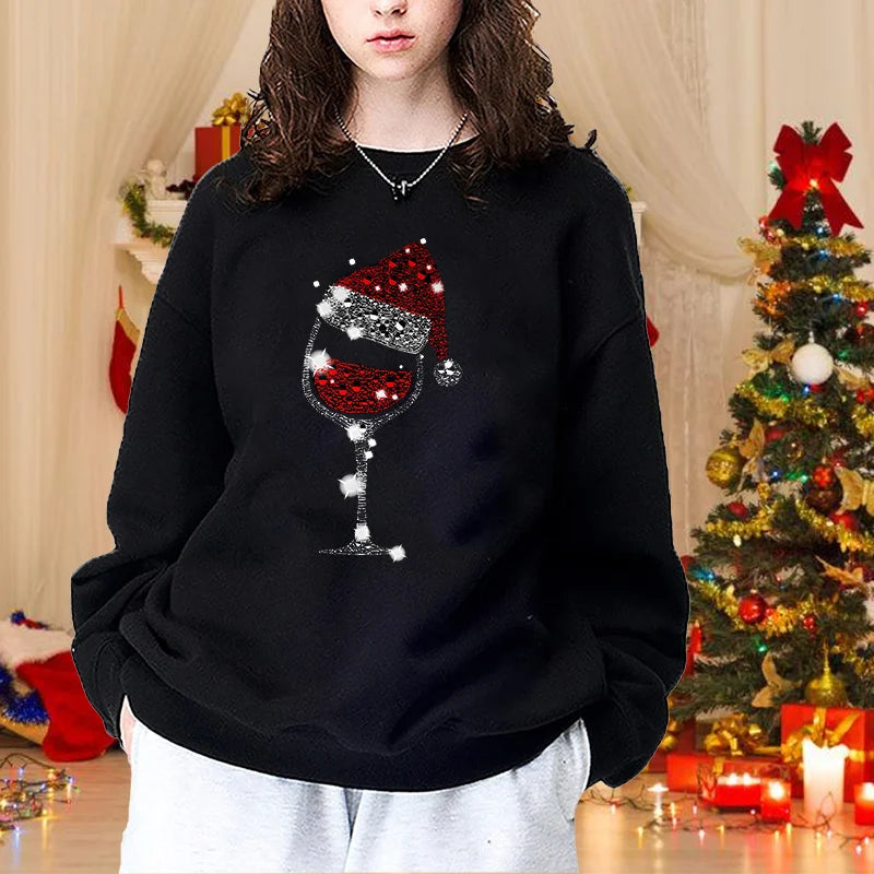 Women's Fashion Christmas Red Wine Glasses Round Neck Pullover Christmas Casual Loose Sweater Red Wine Glasses Top