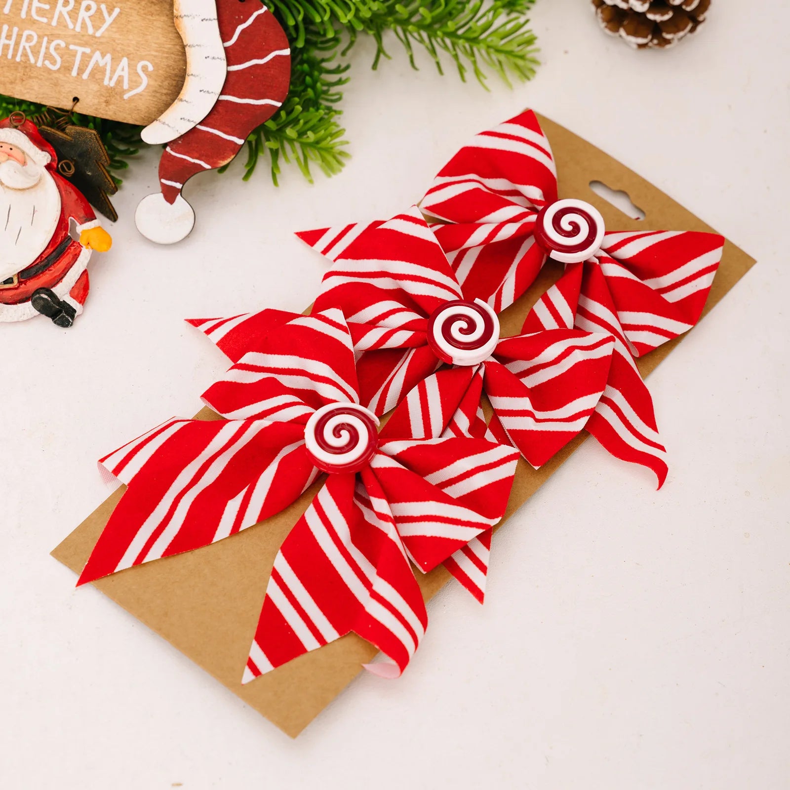 Three Christmas Bow Wreaths, Decorated with Red and White Striped Tree Top Bows, Christmas Party Home Decoration Items