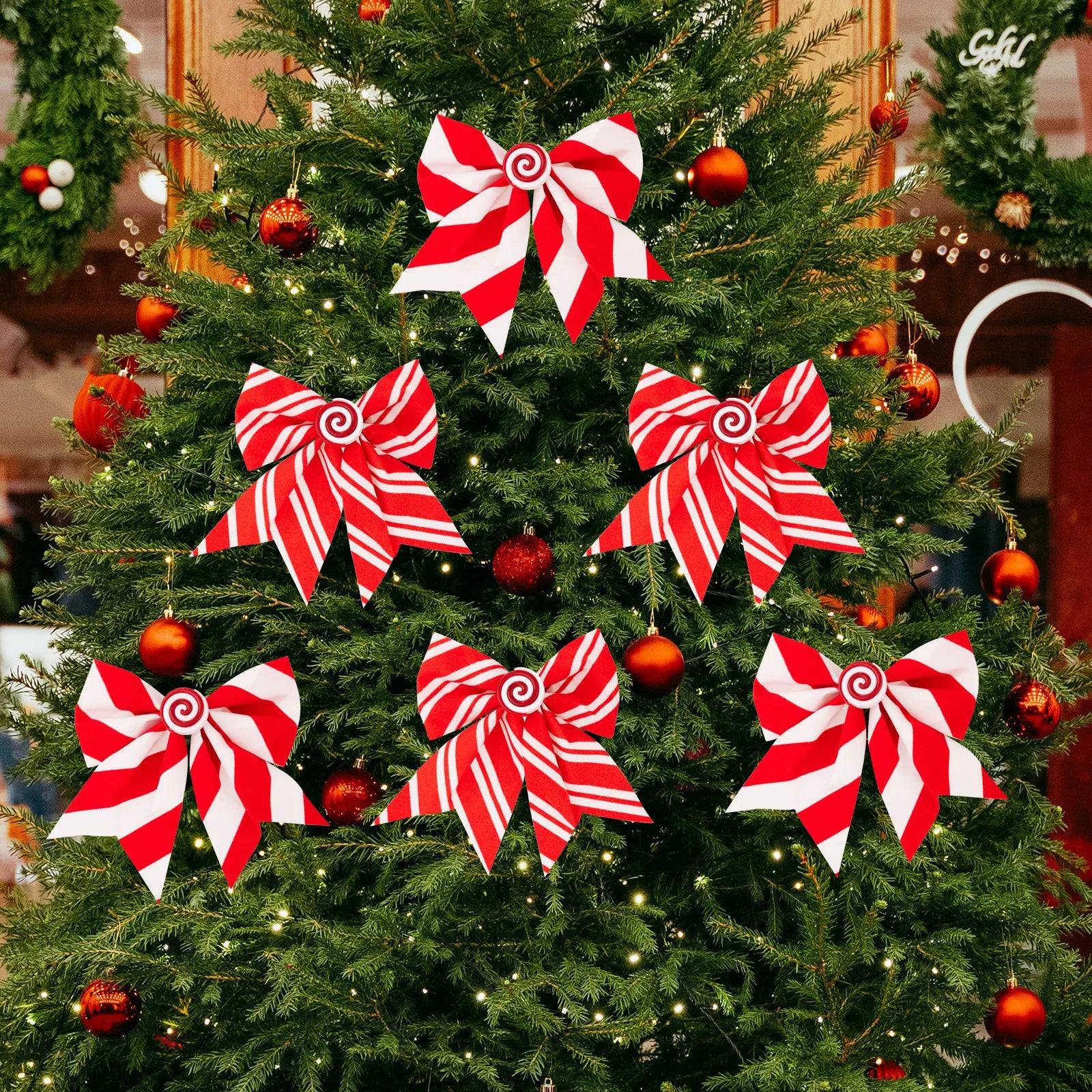 Three Christmas Bow Wreaths, Decorated with Red and White Striped Tree Top Bows, Christmas Party Home Decoration Items