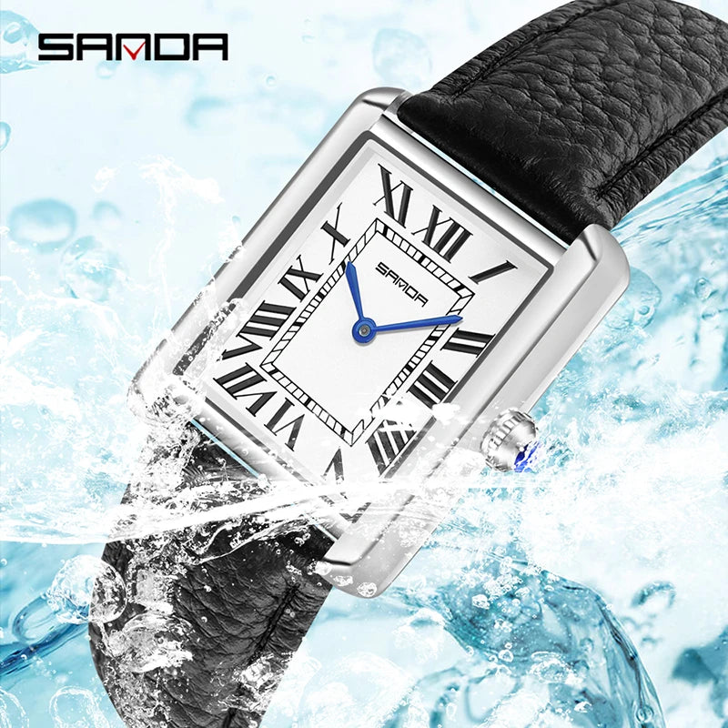 SANDA New Quartz Watch Roman Numeral Stainless Steel Leather Watchband Brief Lovers Watch 30M Waterproof Hot Men's Women's Watch