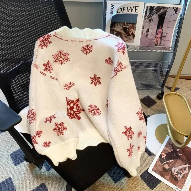 Christmas Knitted Sweaters for Women Vintage Fashion Long Sleeve Jumpers Print Loose V Neck2024 New Autumn Winter Pullovers
