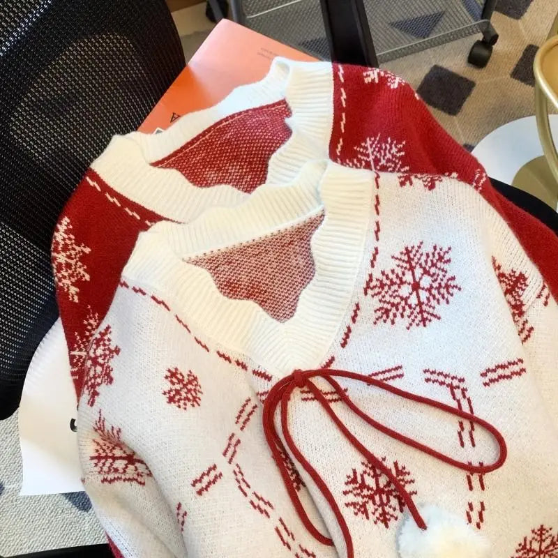 Christmas Knitted Sweaters for Women Vintage Fashion Long Sleeve Jumpers Print Loose V Neck2024 New Autumn Winter Pullovers