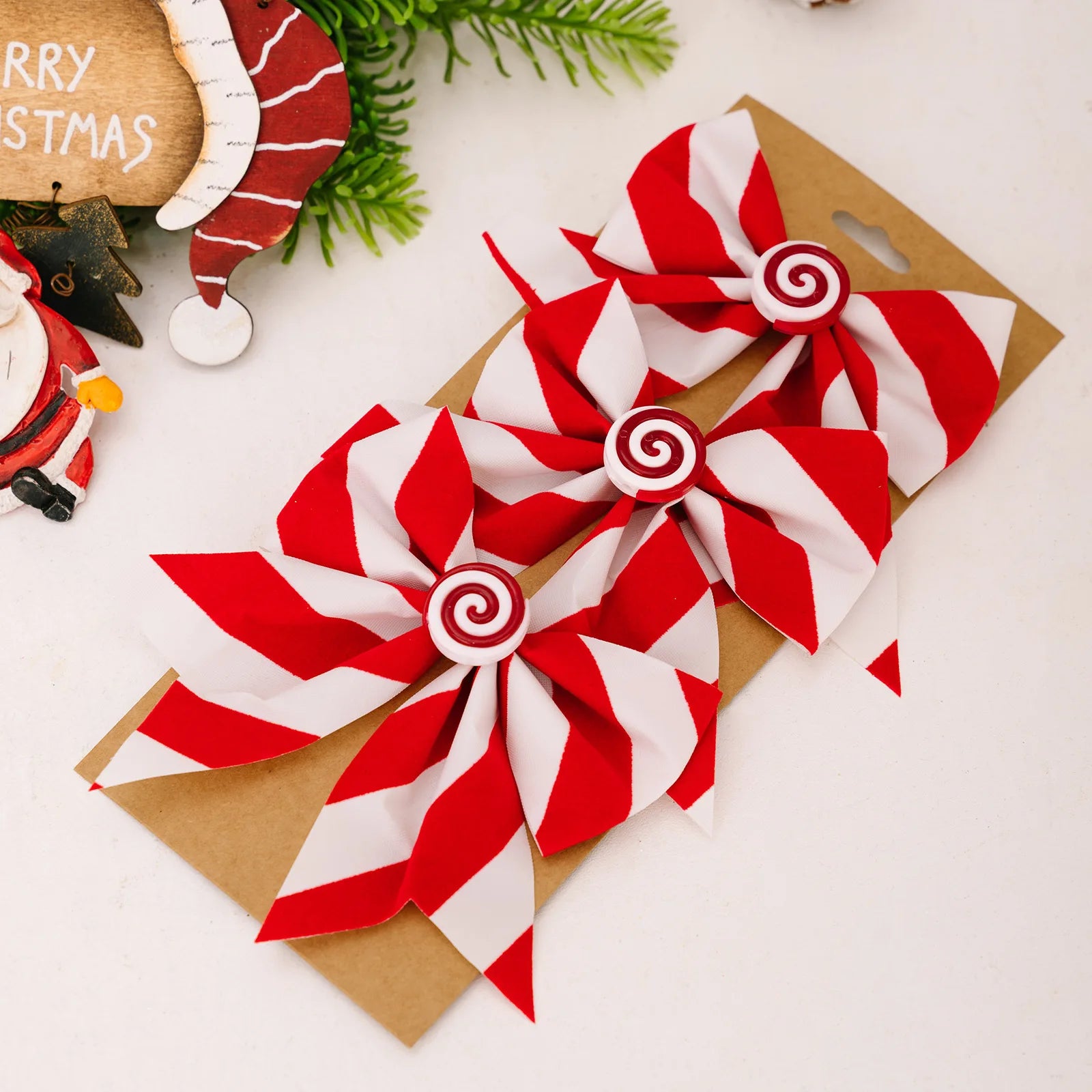 Three Christmas Bow Wreaths, Decorated with Red and White Striped Tree Top Bows, Christmas Party Home Decoration Items