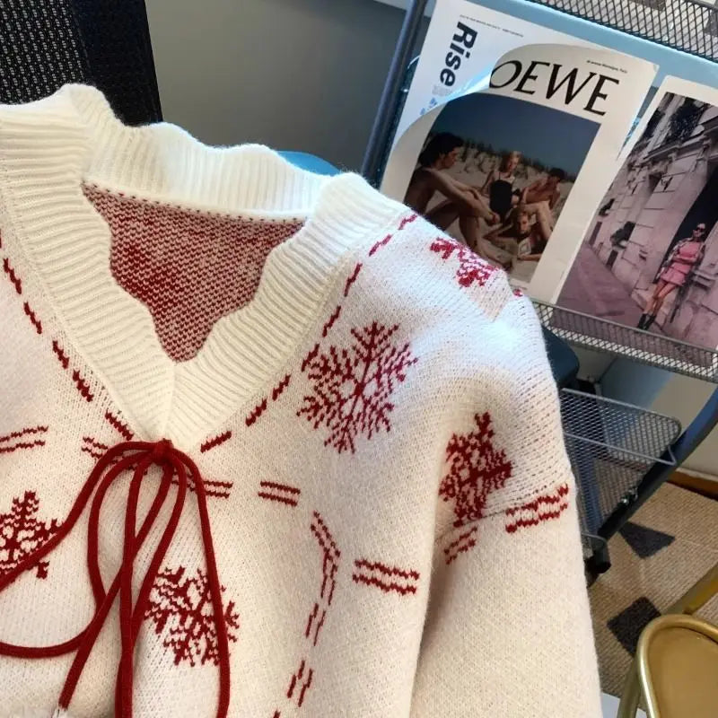 Christmas Knitted Sweaters for Women Vintage Fashion Long Sleeve Jumpers Print Loose V Neck2024 New Autumn Winter Pullovers