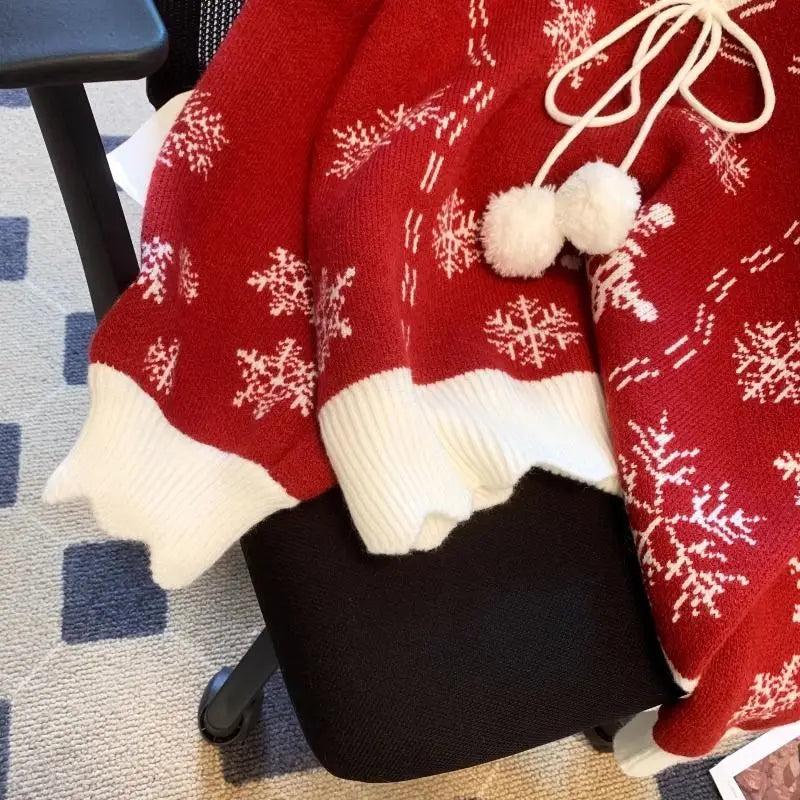 Christmas Knitted Sweaters for Women Vintage Fashion Long Sleeve Jumpers Print Loose V Neck2024 New Autumn Winter Pullovers