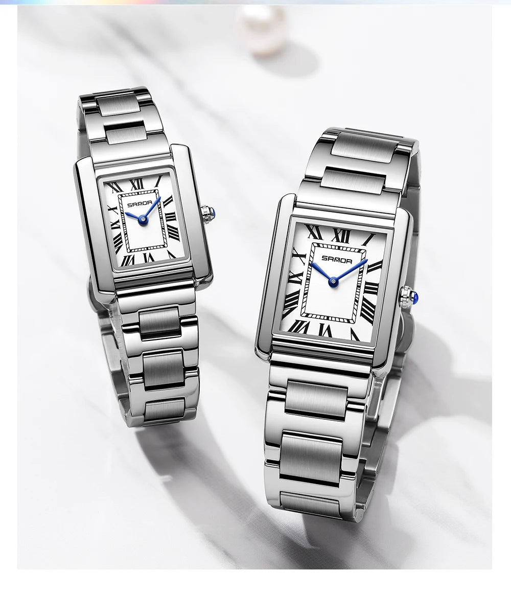 SANDA New Quartz Watch Roman Numeral Stainless Steel Leather Watchband Brief Lovers Watch 30M Waterproof Hot Men's Women's Watch