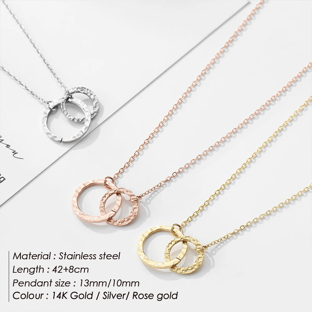 eManco Fashion Stainless Steel Double Ring Pendant Necklace Women's Silver Collarbone Chain Waterproof Not Lose Color Jewelry