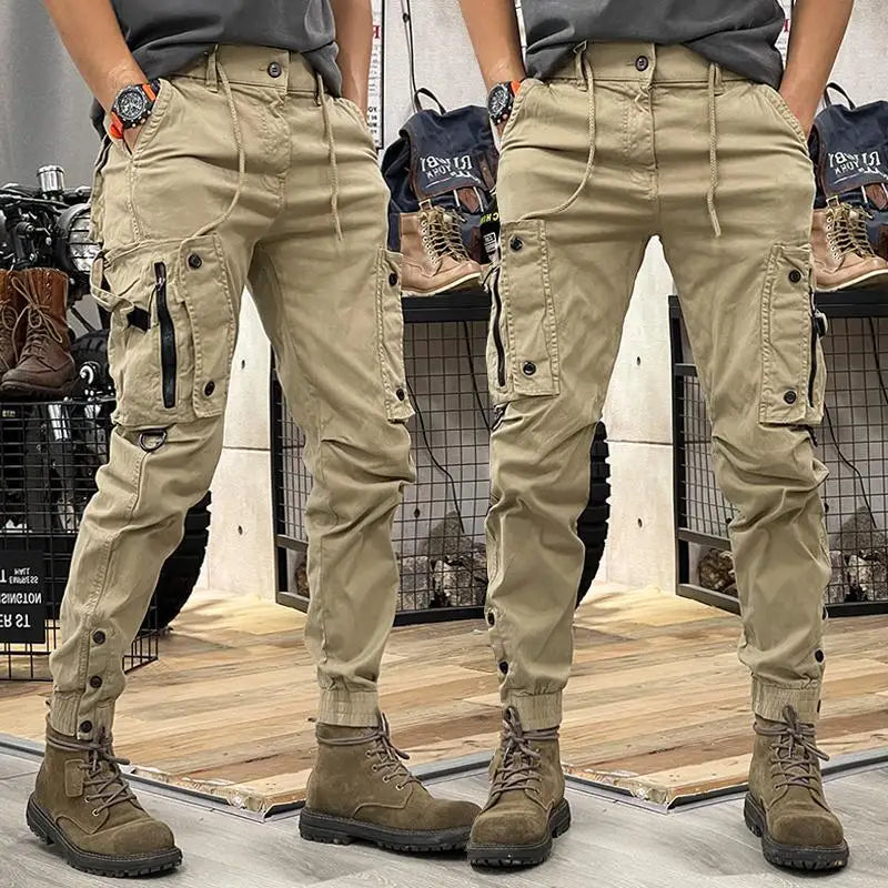 Men's fashionable multi pocket zipper design work pants, loose wide leg straight leg casual drawstring outdoor training pants