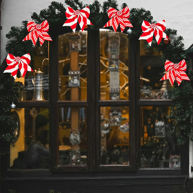 Three Christmas Bow Wreaths, Decorated with Red and White Striped Tree Top Bows, Christmas Party Home Decoration Items