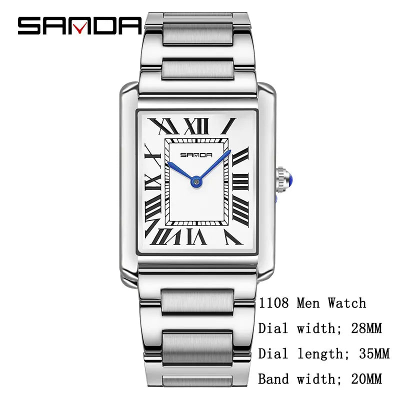 SANDA New Quartz Watch Roman Numeral Stainless Steel Leather Watchband Brief Lovers Watch 30M Waterproof Hot Men's Women's Watch