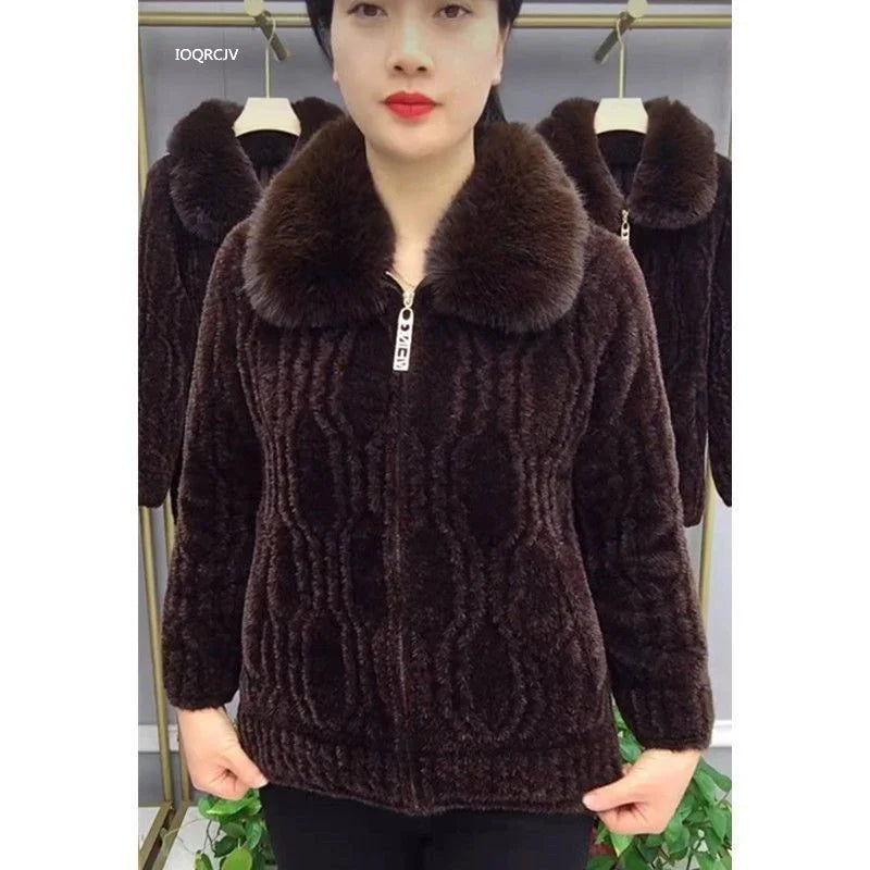 Women Knitted Cardigan Thicken Large Size Imitation Mink Velvet Sweater Coat Middle-Aged Mother Fur Collar Zipper Knit Jacket
