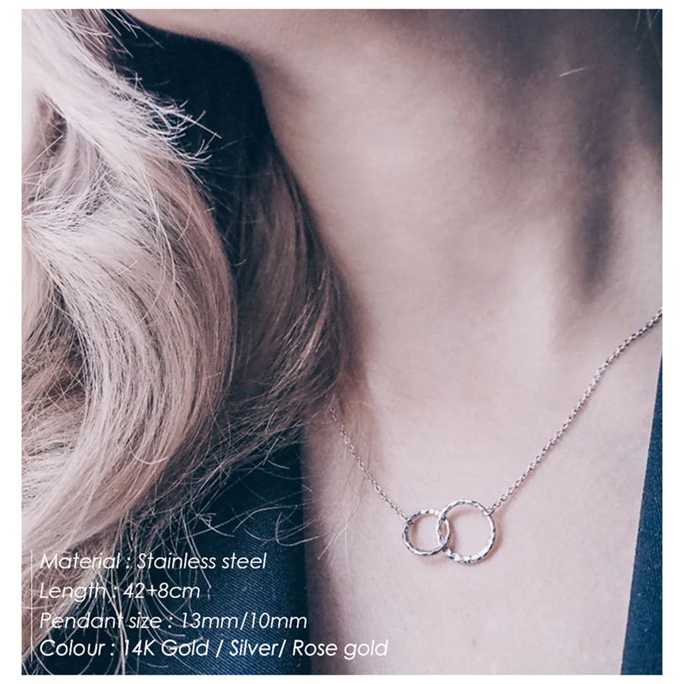 eManco Fashion Stainless Steel Double Ring Pendant Necklace Women's Silver Collarbone Chain Waterproof Not Lose Color Jewelry