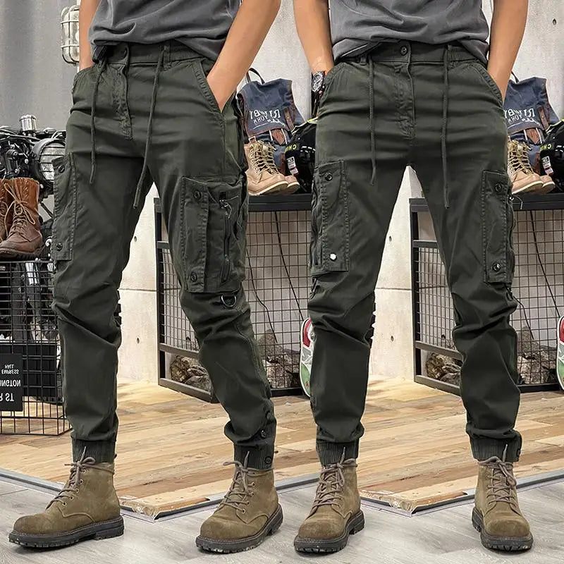 Men's fashionable multi pocket zipper design work pants, loose wide leg straight leg casual drawstring outdoor training pants
