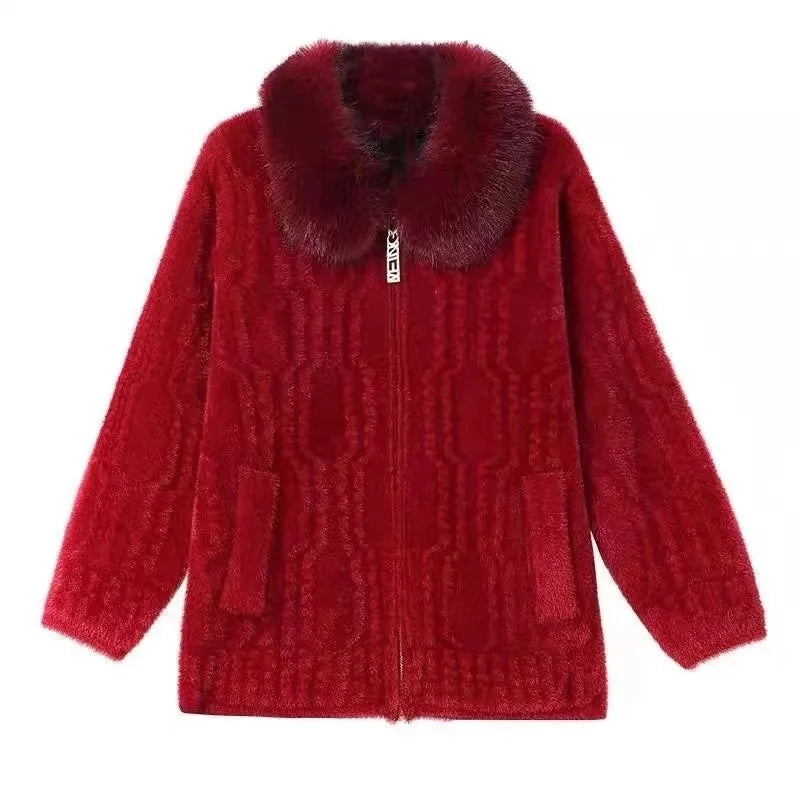 Women Knitted Cardigan Thicken Large Size Imitation Mink Velvet Sweater Coat Middle-Aged Mother Fur Collar Zipper Knit Jacket