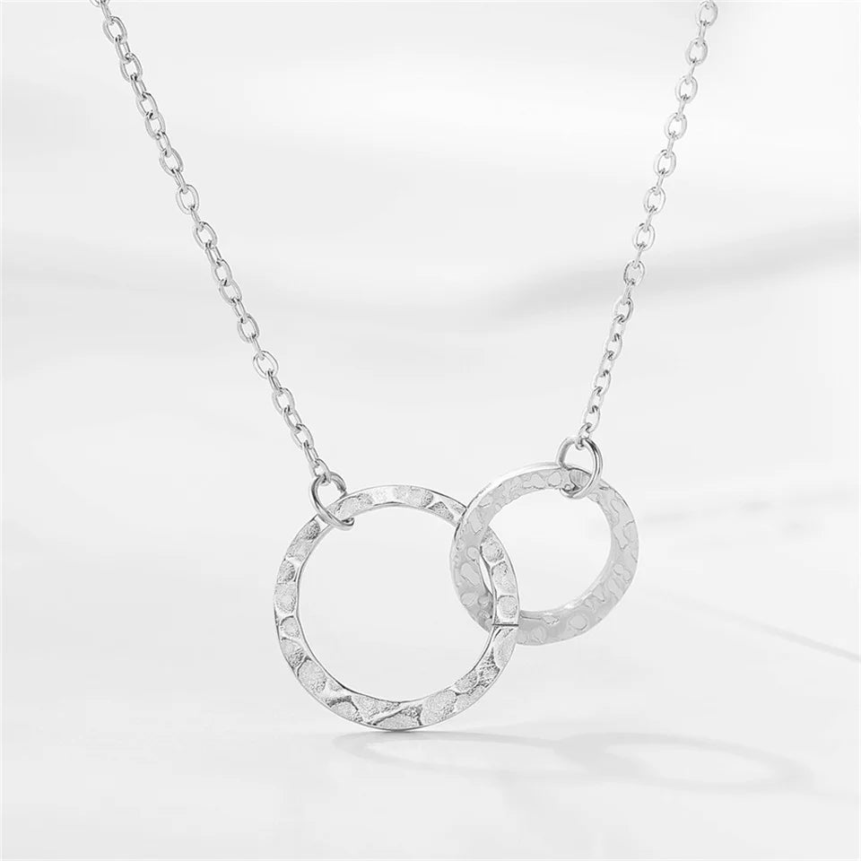 eManco Fashion Stainless Steel Double Ring Pendant Necklace Women's Silver Collarbone Chain Waterproof Not Lose Color Jewelry