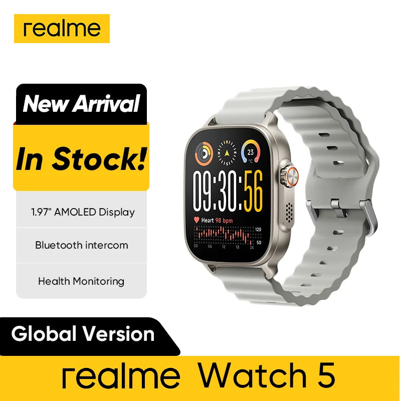 Global Version realme watch 5 1.97" 600nits AMOLED 460mAh 14-Day Battery Life 300+ Themes Support GPS GNSS IP68 waterproof