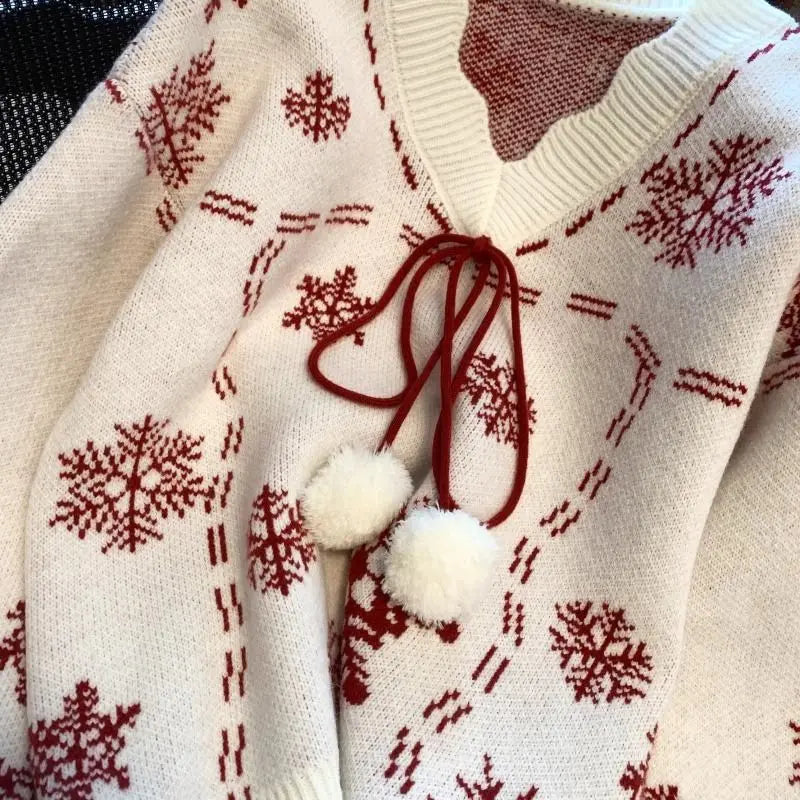 Christmas Knitted Sweaters for Women Vintage Fashion Long Sleeve Jumpers Print Loose V Neck2024 New Autumn Winter Pullovers