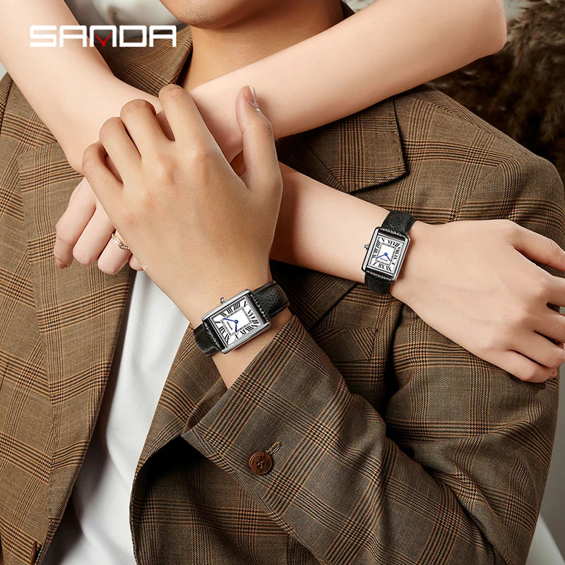 SANDA New Quartz Watch Roman Numeral Stainless Steel Leather Watchband Brief Lovers Watch 30M Waterproof Hot Men's Women's Watch