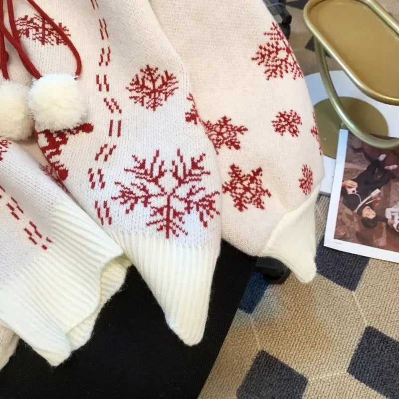 Christmas Knitted Sweaters for Women Vintage Fashion Long Sleeve Jumpers Print Loose V Neck2024 New Autumn Winter Pullovers