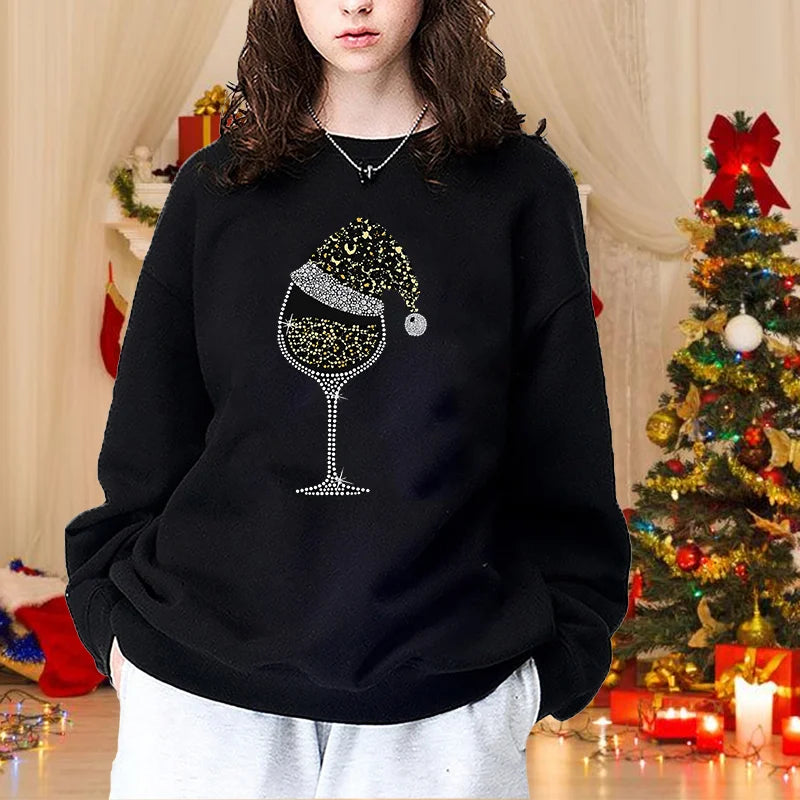 Women's Fashion Christmas Red Wine Glasses Round Neck Pullover Christmas Casual Loose Sweater Red Wine Glasses Top