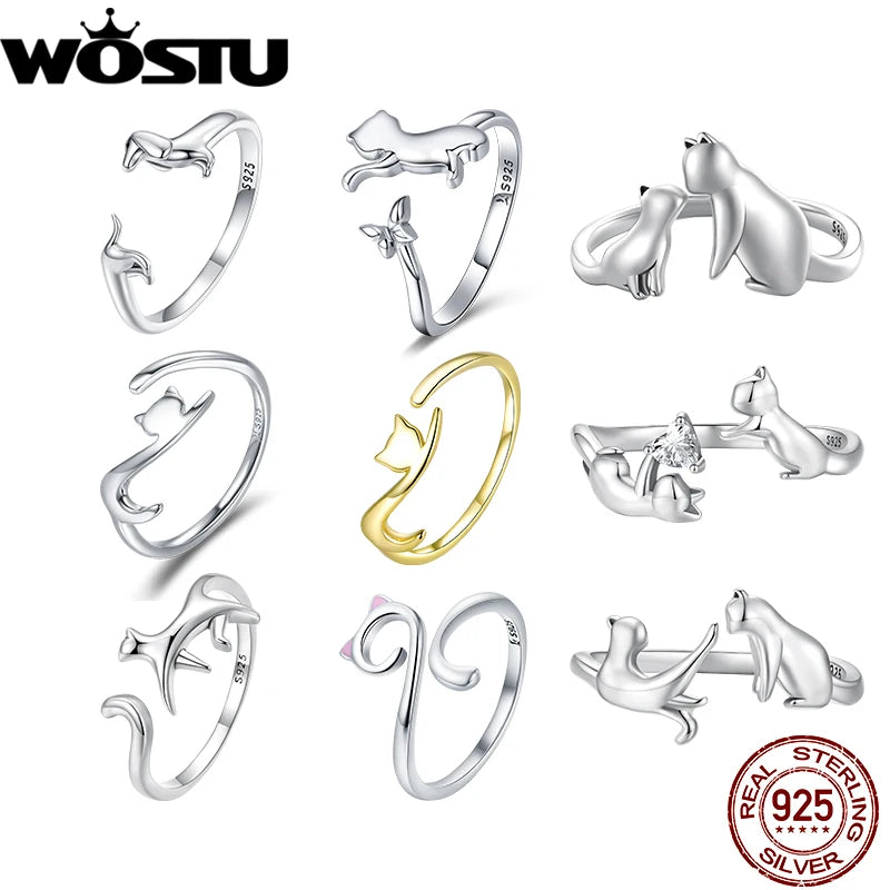 WOSTU 100% 925 Sterling Silver Cat Dog Opening Ring Hot Sale Pet Rings For Women Original Fashion Animal Jewelry Party Gift