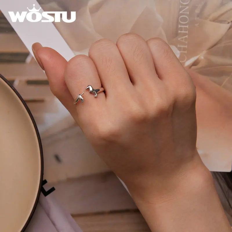 WOSTU 100% 925 Sterling Silver Cat Dog Opening Ring Hot Sale Pet Rings For Women Original Fashion Animal Jewelry Party Gift