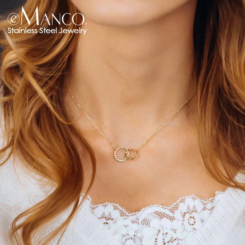 eManco Fashion Stainless Steel Double Ring Pendant Necklace Women's Silver Collarbone Chain Waterproof Not Lose Color Jewelry