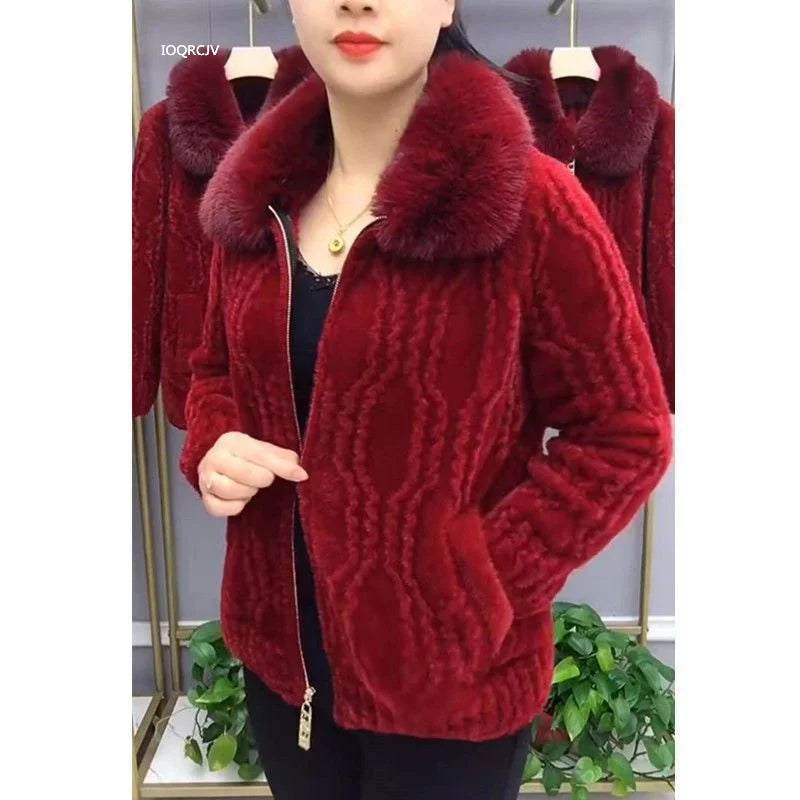 Women Knitted Cardigan Thicken Large Size Imitation Mink Velvet Sweater Coat Middle-Aged Mother Fur Collar Zipper Knit Jacket