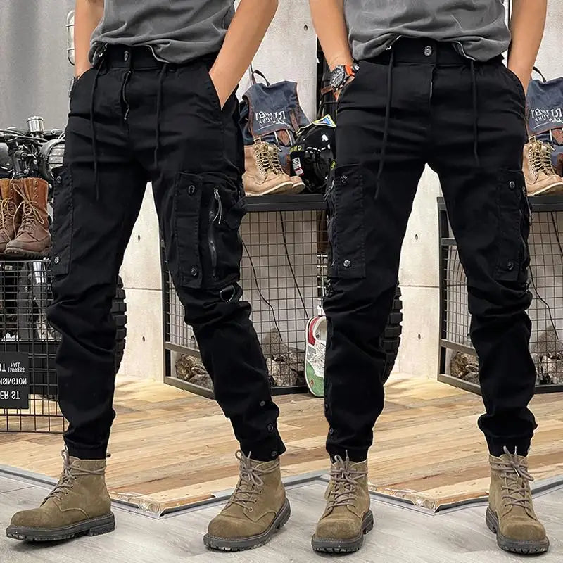 Men's fashionable multi pocket zipper design work pants, loose wide leg straight leg casual drawstring outdoor training pants
