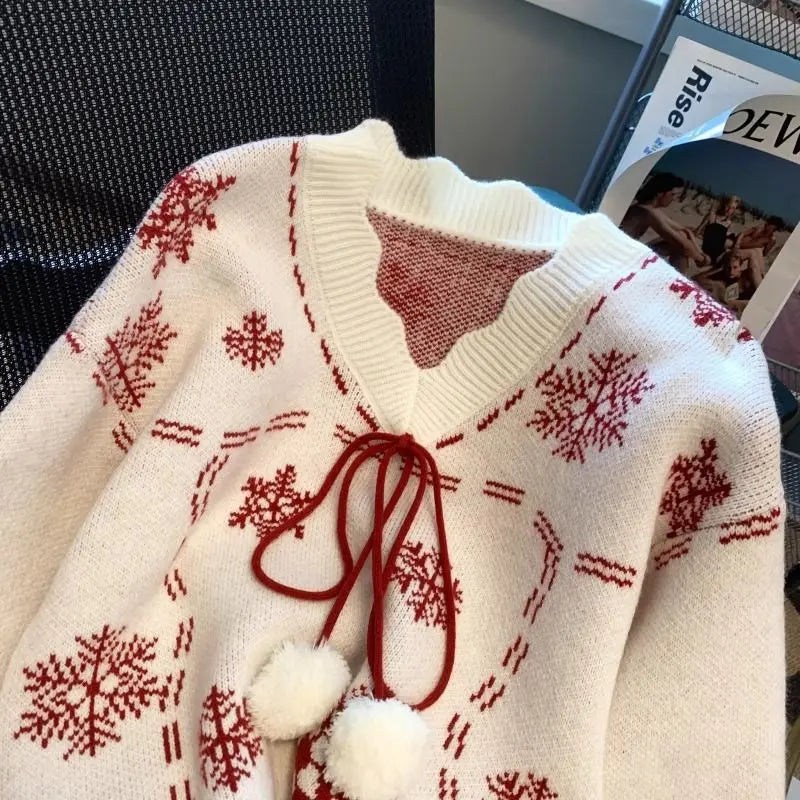 Christmas Knitted Sweaters for Women Vintage Fashion Long Sleeve Jumpers Print Loose V Neck2024 New Autumn Winter Pullovers