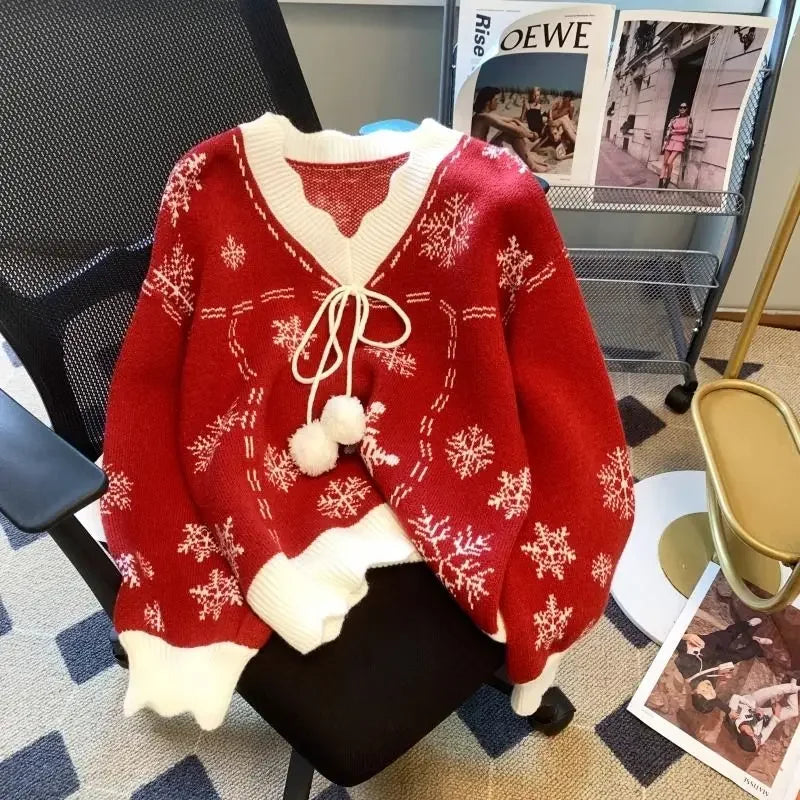 Christmas Knitted Sweaters for Women Vintage Fashion Long Sleeve Jumpers Print Loose V Neck2024 New Autumn Winter Pullovers