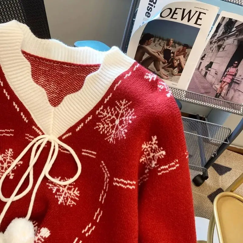 Christmas Knitted Sweaters for Women Vintage Fashion Long Sleeve Jumpers Print Loose V Neck2024 New Autumn Winter Pullovers