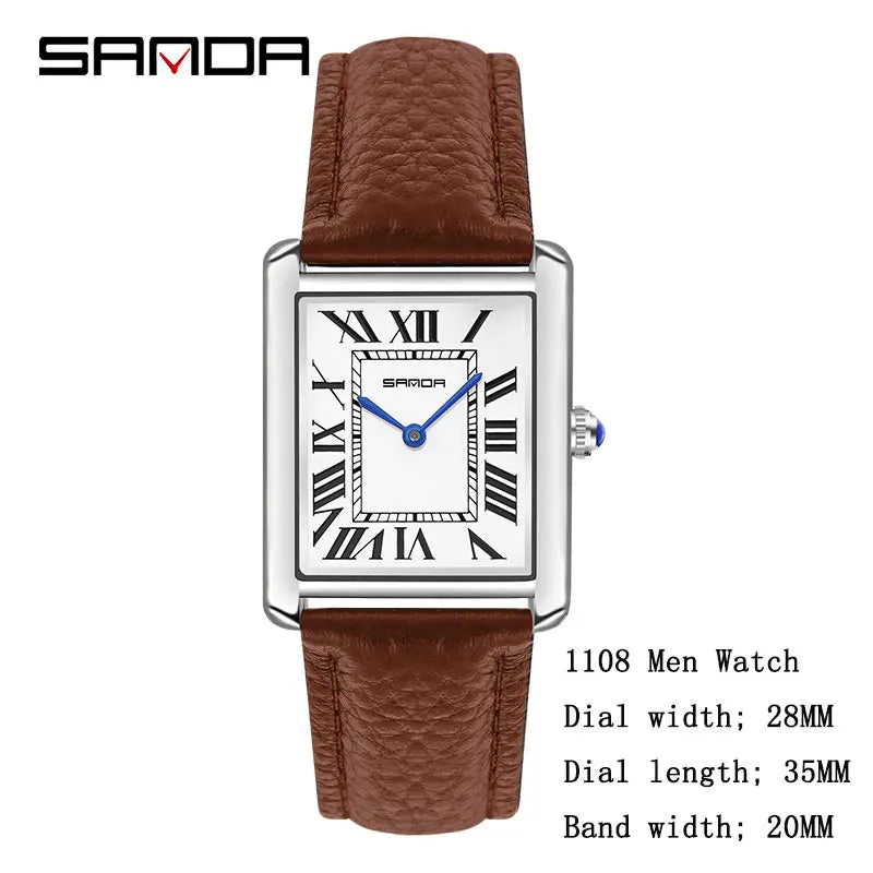 SANDA New Quartz Watch Roman Numeral Stainless Steel Leather Watchband Brief Lovers Watch 30M Waterproof Hot Men's Women's Watch