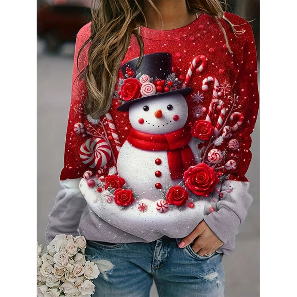 Christmas Snowman 3D Print Sweatshirts Women Fashion Casual Streetwear O-Neck Hoodies Y2k Pullovers Harajuku Tops Woman Clothing