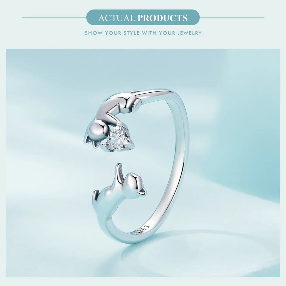 WOSTU 100% 925 Sterling Silver Cat Dog Opening Ring Hot Sale Pet Rings For Women Original Fashion Animal Jewelry Party Gift