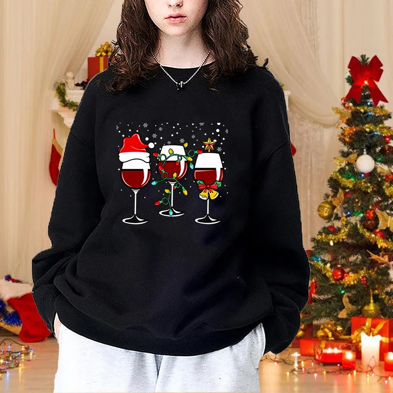 Women's Fashion Christmas Red Wine Glasses Round Neck Pullover Christmas Casual Loose Sweater Red Wine Glasses Top