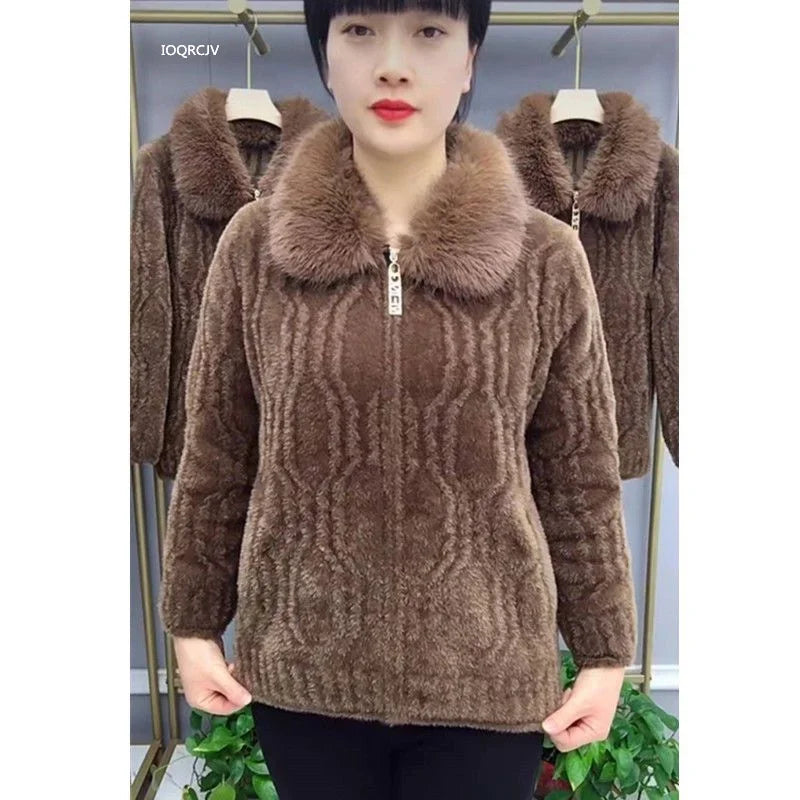 Women Knitted Cardigan Thicken Large Size Imitation Mink Velvet Sweater Coat Middle-Aged Mother Fur Collar Zipper Knit Jacket