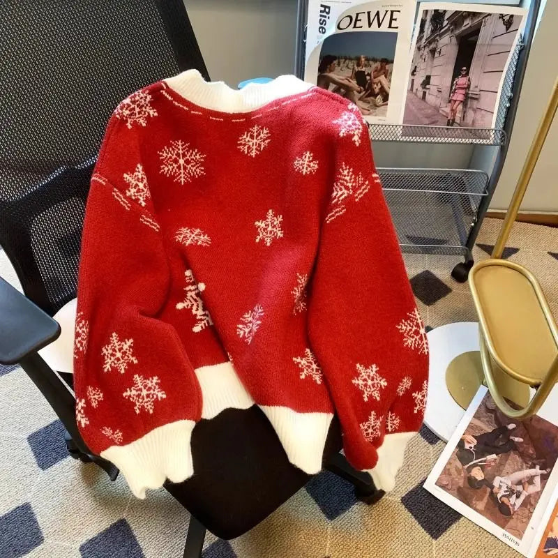 Christmas Knitted Sweaters for Women Vintage Fashion Long Sleeve Jumpers Print Loose V Neck2024 New Autumn Winter Pullovers