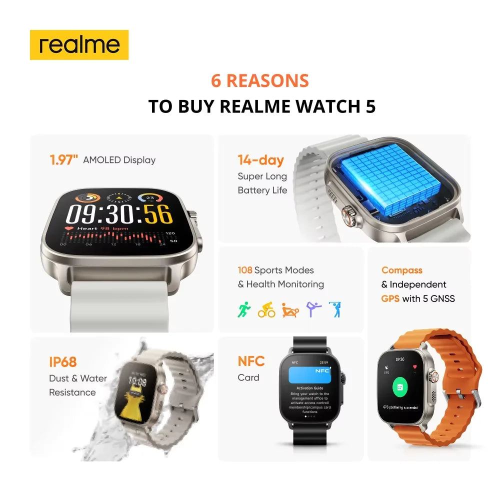 Global Version realme watch 5 1.97" 600nits AMOLED 460mAh 14-Day Battery Life 300+ Themes Support GPS GNSS IP68 waterproof