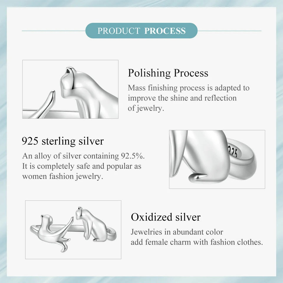 WOSTU 100% 925 Sterling Silver Cat Dog Opening Ring Hot Sale Pet Rings For Women Original Fashion Animal Jewelry Party Gift
