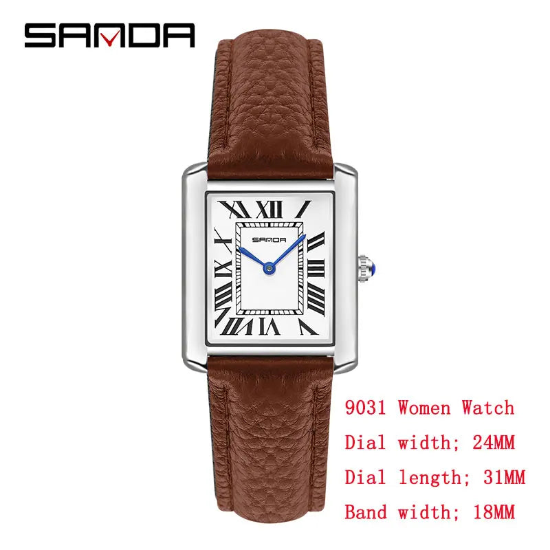 SANDA New Quartz Watch Roman Numeral Stainless Steel Leather Watchband Brief Lovers Watch 30M Waterproof Hot Men's Women's Watch