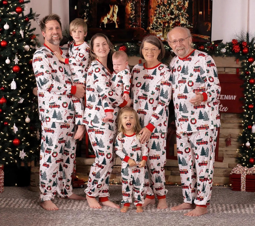 Family Matching Christmas Pajamas 2025 New Xmas Tree Car Print Dad Mommy And Me Christmas Costume Dog Clothes
