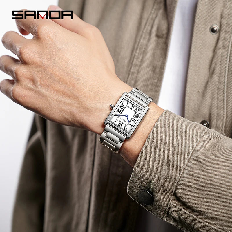 SANDA New Quartz Watch Roman Numeral Stainless Steel Leather Watchband Brief Lovers Watch 30M Waterproof Hot Men's Women's Watch