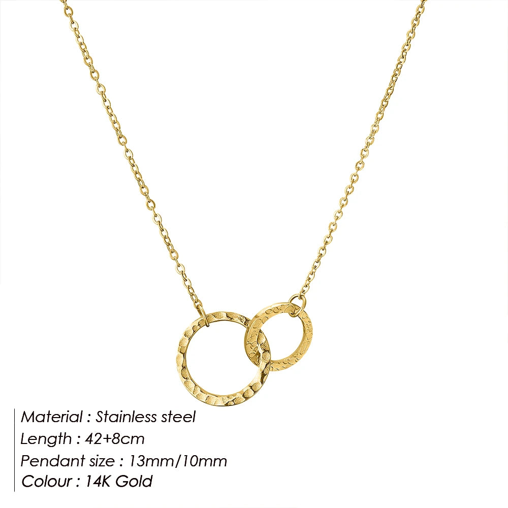 eManco Fashion Stainless Steel Double Ring Pendant Necklace Women's Silver Collarbone Chain Waterproof Not Lose Color Jewelry
