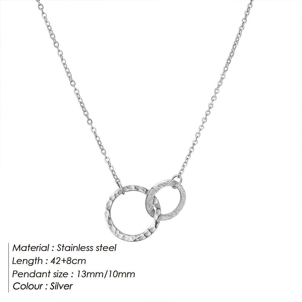 eManco Fashion Stainless Steel Double Ring Pendant Necklace Women's Silver Collarbone Chain Waterproof Not Lose Color Jewelry
