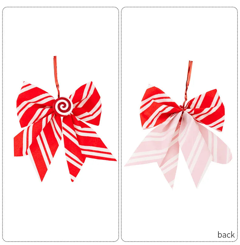 Three Christmas Bow Wreaths, Decorated with Red and White Striped Tree Top Bows, Christmas Party Home Decoration Items